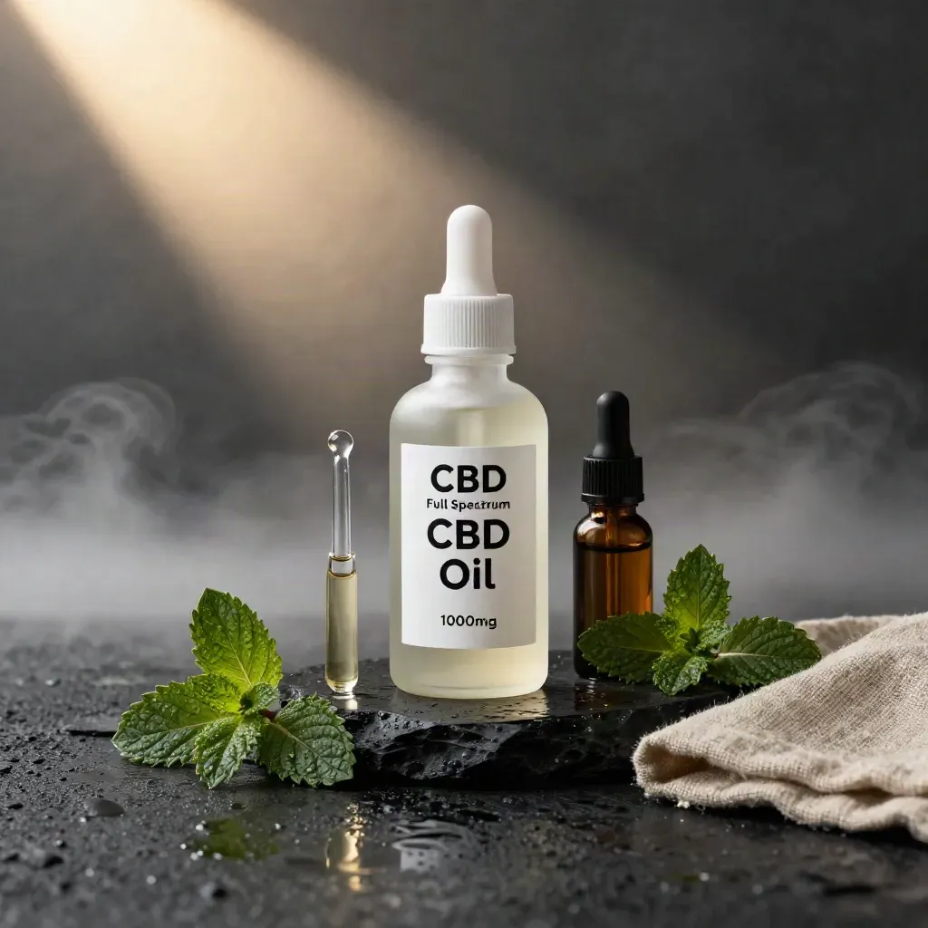 Matte CBD oil bottle with dropper, mint sprigs and amber bottle on dark wet stone at dawn