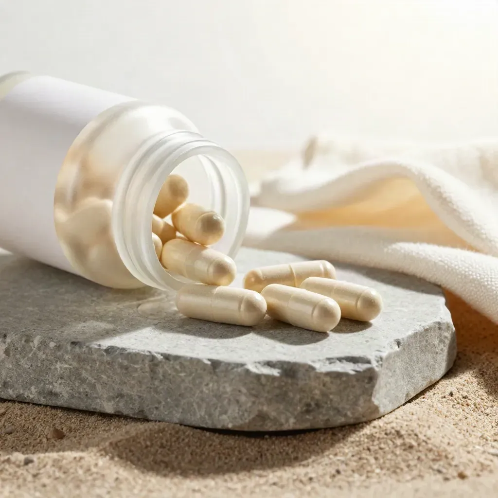 Macro of an unlabelled CBD capsule jar tipping beside a stone dish and cream cloth