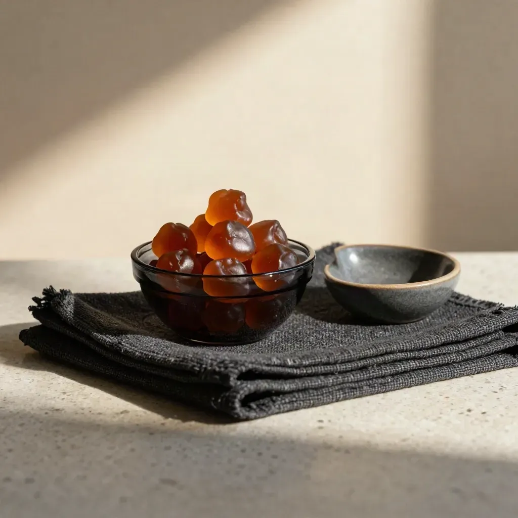 CBD gummies in a smoked-glass bowl beside charcoal cloth and a crescent ceramic dish on travertine.