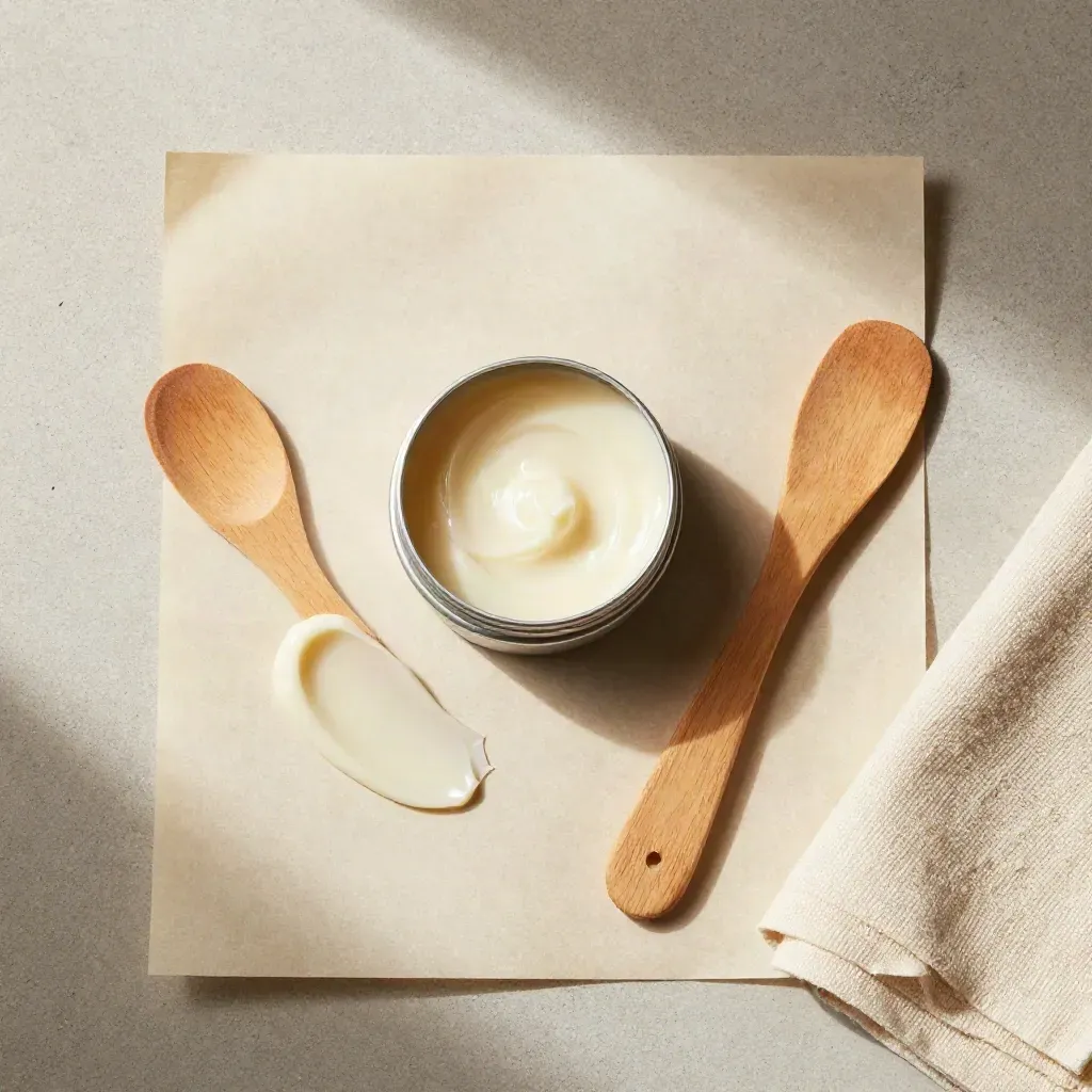 Flat lay of open CBD balm tin, spatula, parchment swipe and folded cloth on stone