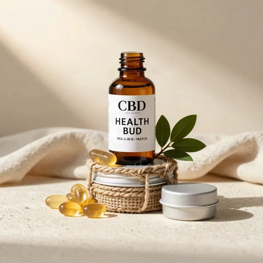 Amber CBD bundle with bottle, gummies, capsules and balm on travertine with hemp wrap and sprig