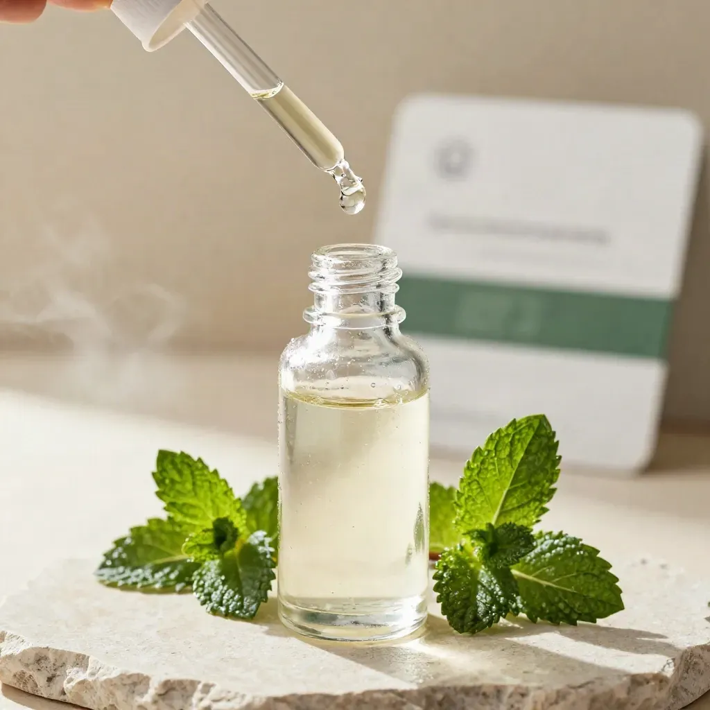 Macro of a clear peppermint CBD oil dropper bottle with dew, mint sprig, and a hanging drop.