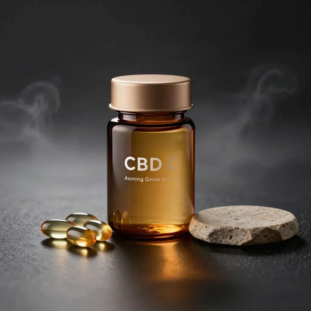 Amber CBD capsule jar with fanned capsules on a stone coaster in dramatic studio light.