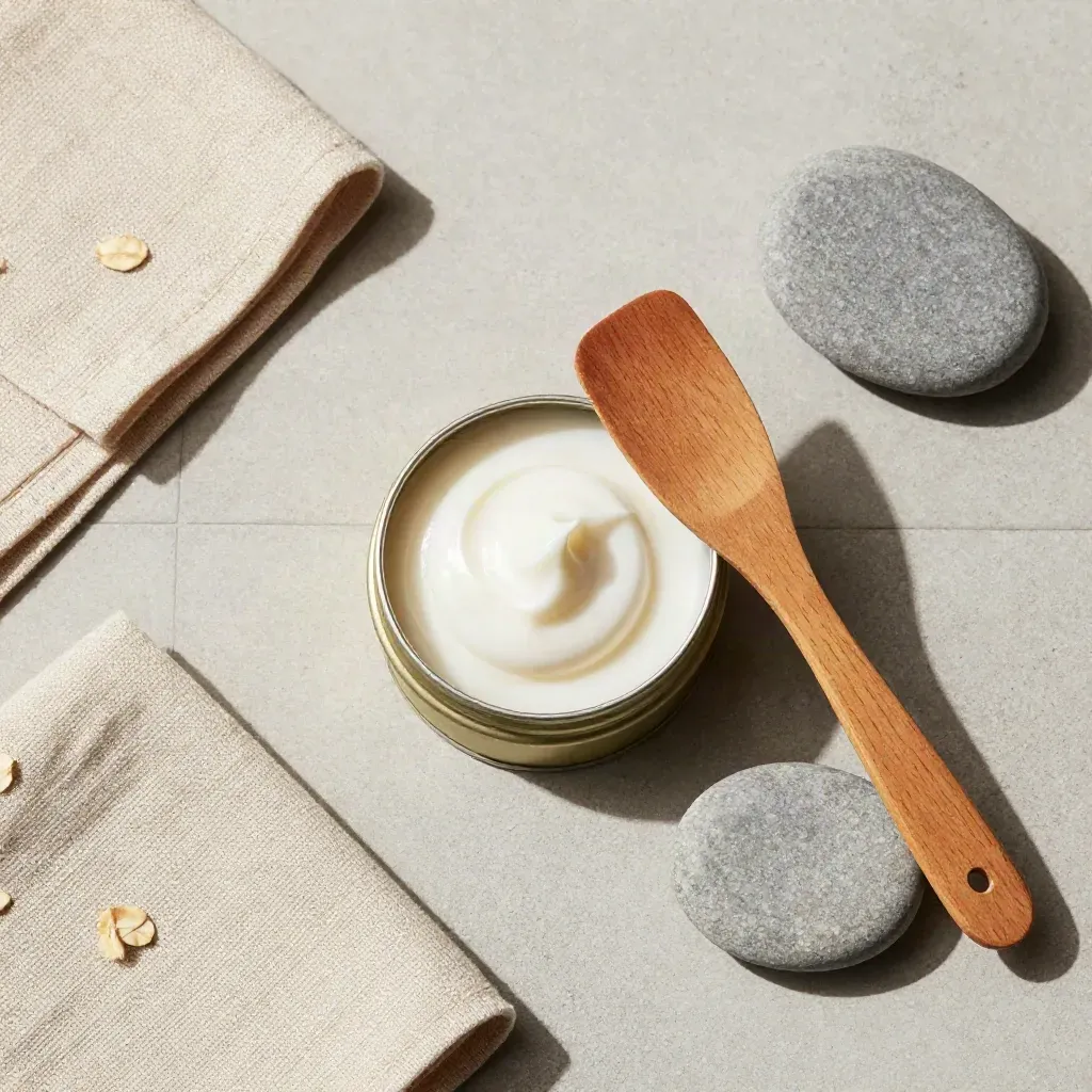 Overhead flatlay of open cooling balm tin with spatula, linen and stone on pale concrete.