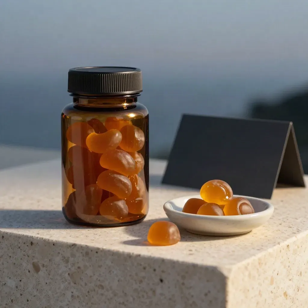 Amber jar of sleep gummies beside a ceramic dish on travertine at dusk.