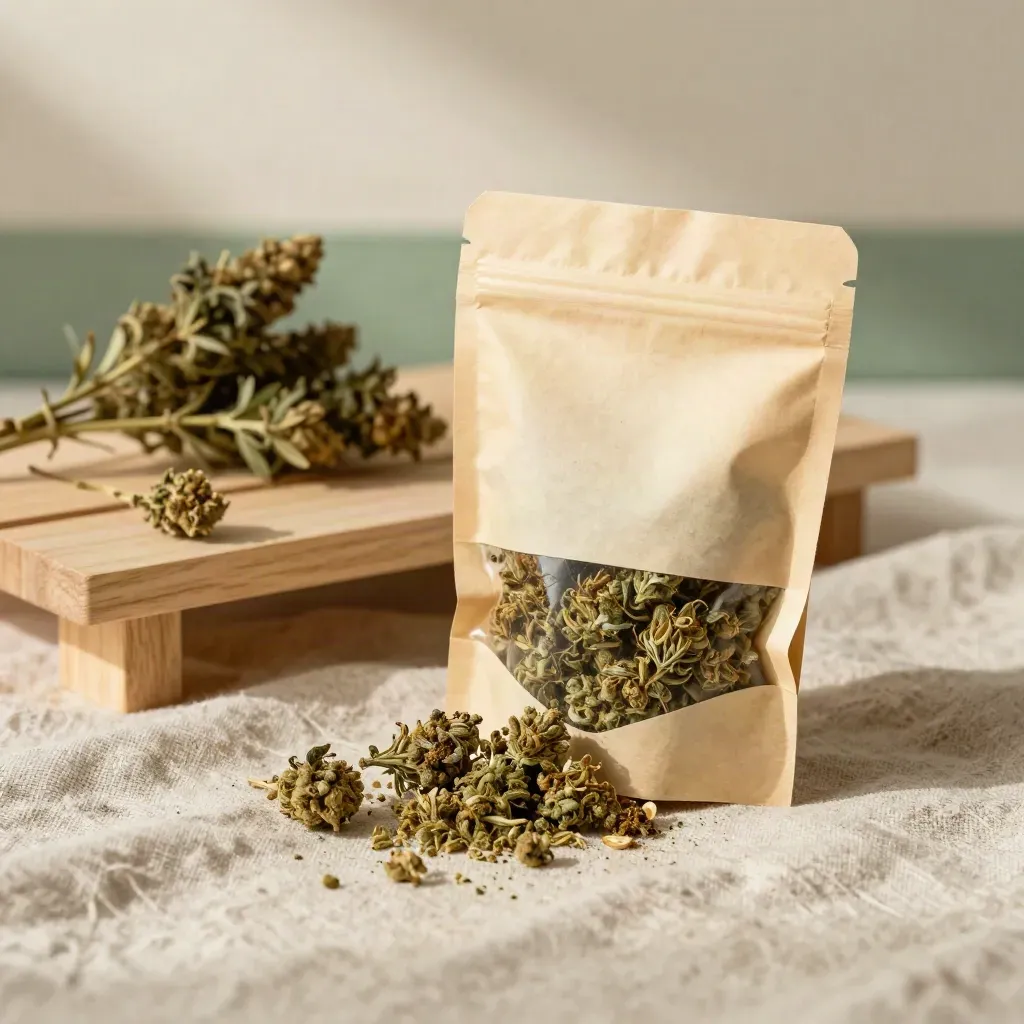 Unbranded hemp flower pouch spilling buds onto linen on a warm shelf