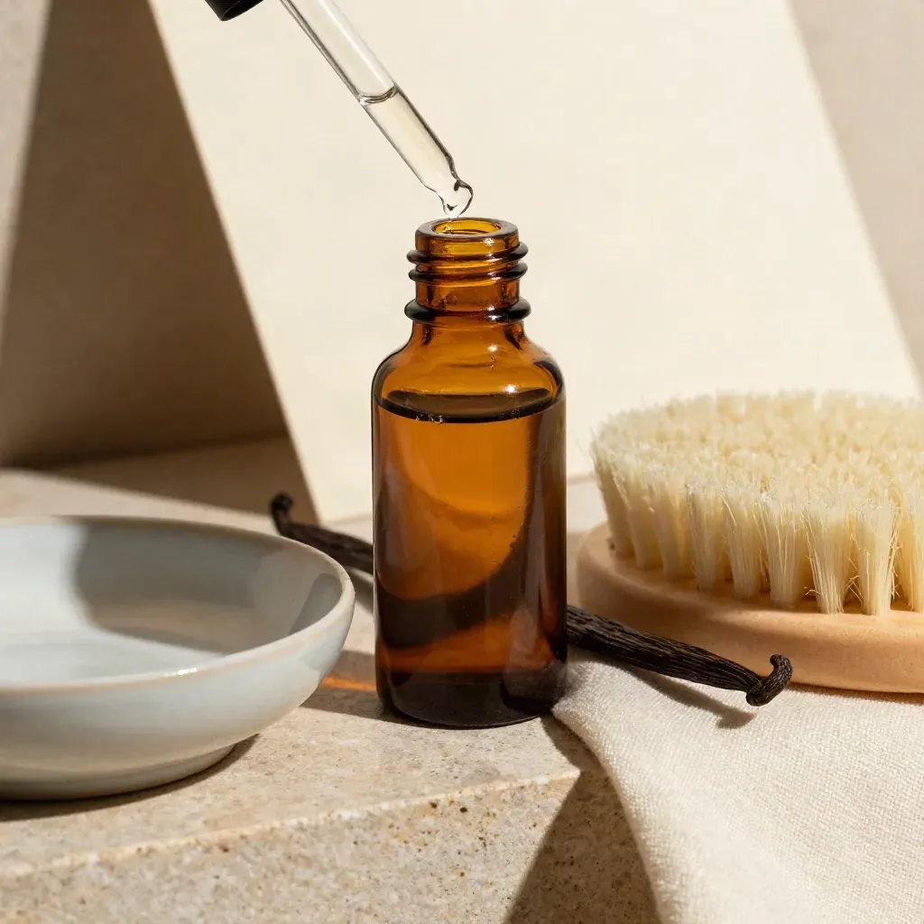 Amber tincture bottle with vanilla bean, ceramic dish, and linen on stone