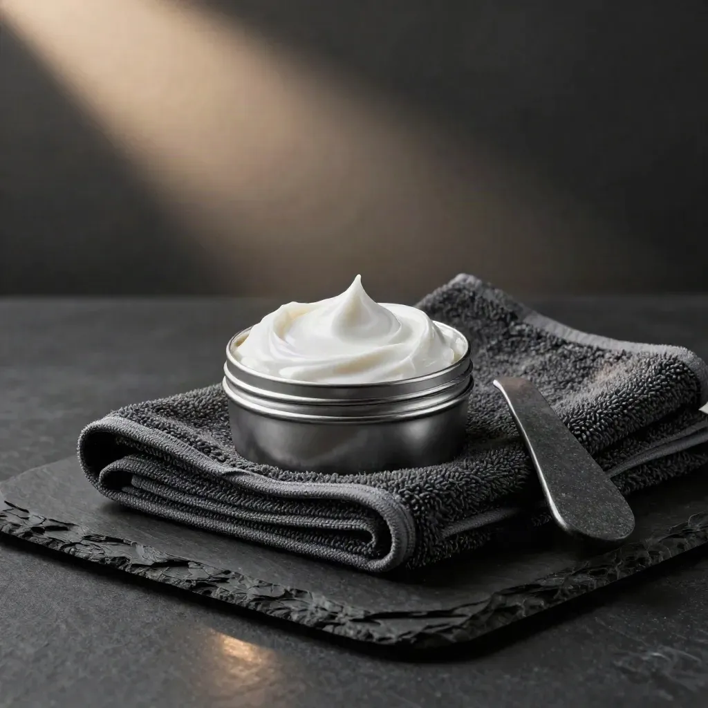 Open cream tin, towel, and stone scoop on a dark slate plinth.