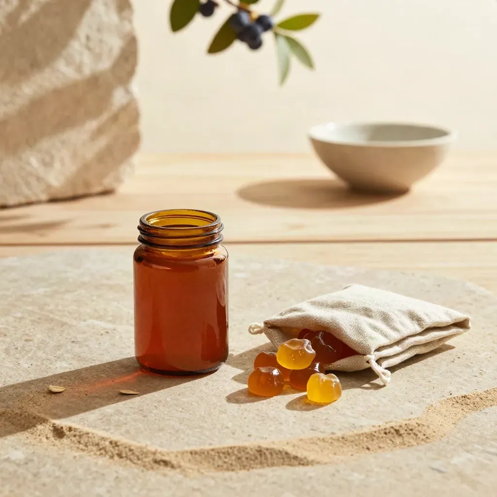 Amber CBD gummy jars on a warm stone terrace with sandy wood and blurred berry branches above.
